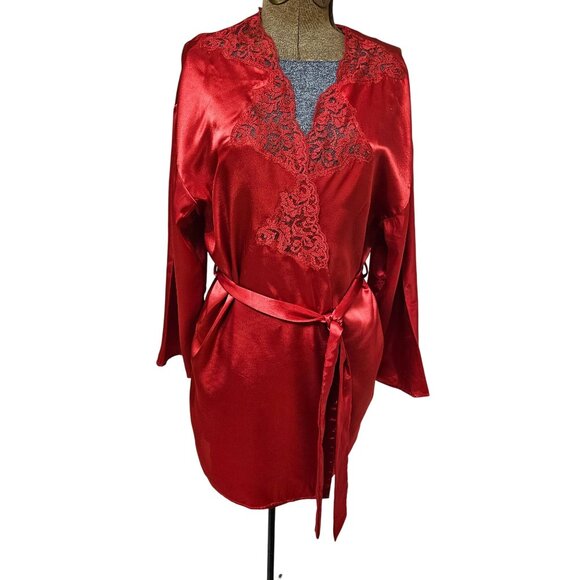 Victoria Secret Wrap Robe Womens Size Small Red Satin Lace Trim Belt Short - Picture 1 of 9